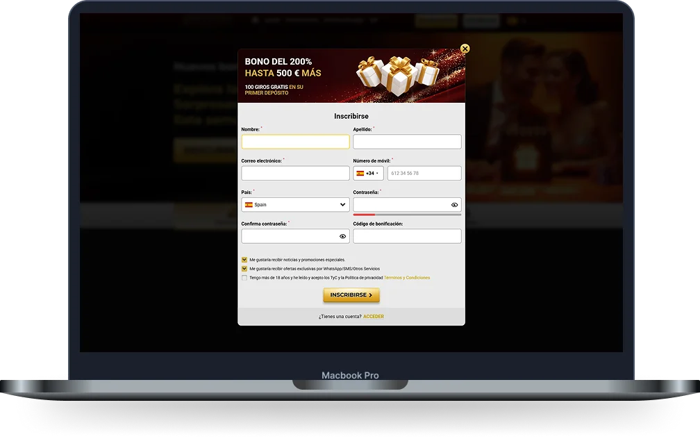 Formulario de registro de Unique Casino en ordenador con bono de bienvenida del 200% hasta 500 € más 100 giros gratis en el primer depósito
