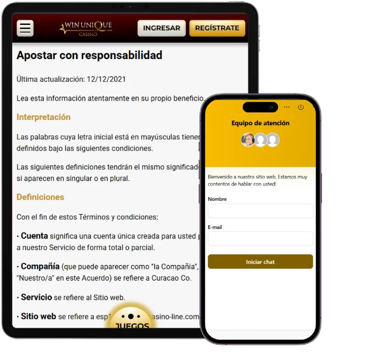 Página de juego responsable de Unique Casino en tablet junto al chat de atención al cliente disponible desde un dispositivo móvil
