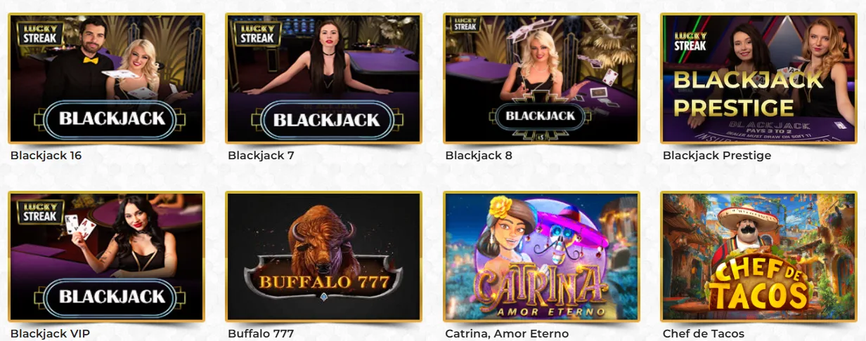 Selección de juegos de Unique Casino con mesas de blackjack en vivo, Blackjack VIP y slots como Buffalo 777, Catrina Amor Eterno y Chef de Tacos