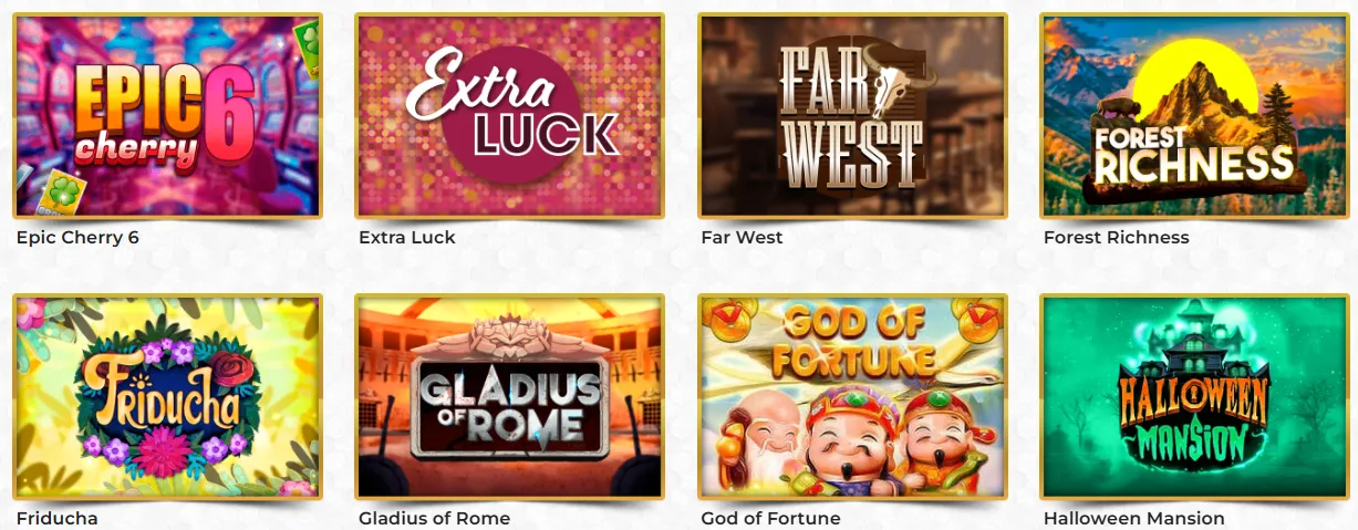 Selección de slots de Unique Casino con juegos como Epic Cherry 6, Extra Luck