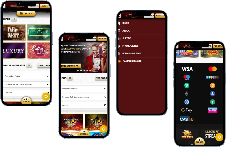 Versión móvil de Unique Casino con catálogo de juegos, bono de bienvenida, menú de navegación y métodos de pago con tarjetas y criptomonedas